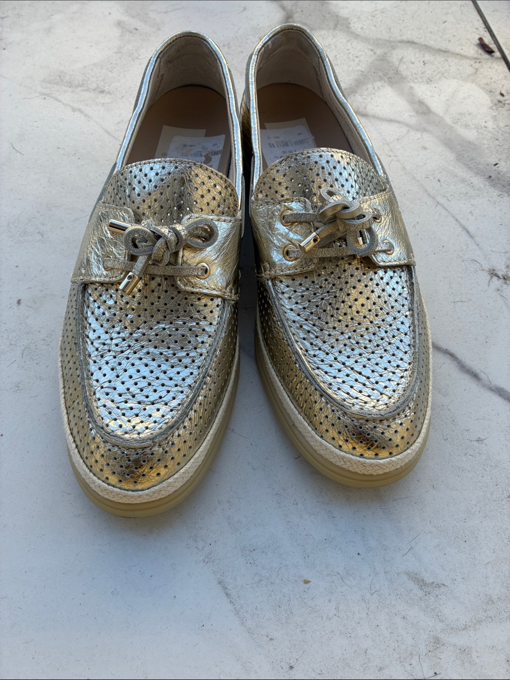 Dolce Vita-Metallic Gold Perforated Loafers with Knot Accent